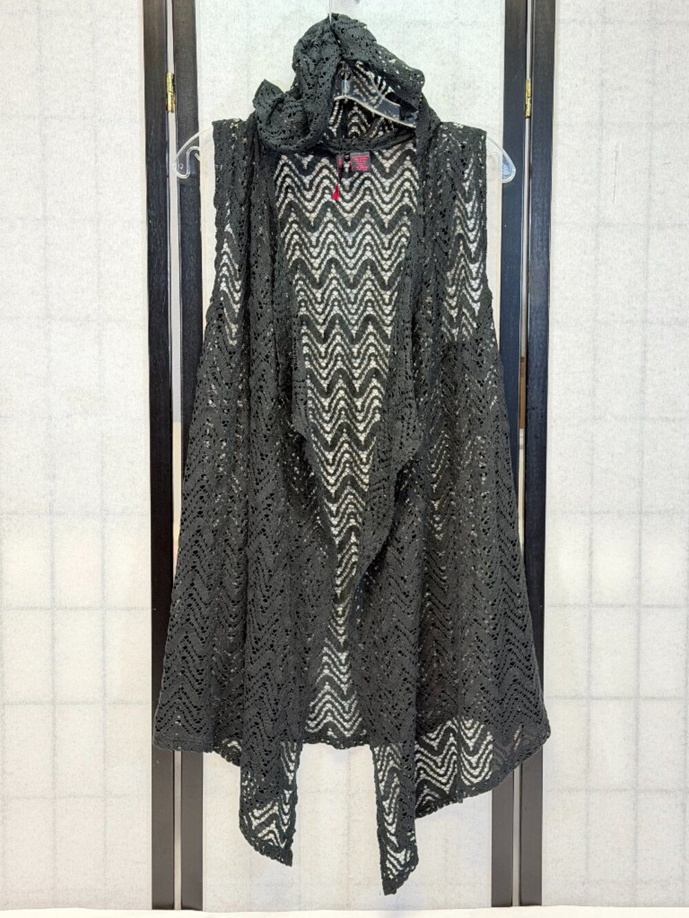 Heart n Crush L Black Hooded Lace Long Vest Sleeveless Open Front Boho Gothic